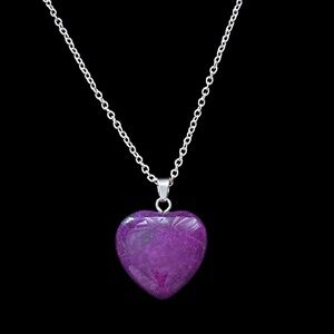 Hand Crafted Jewelry Purple Polished Stone 3-D Heart Silver Plate Chain